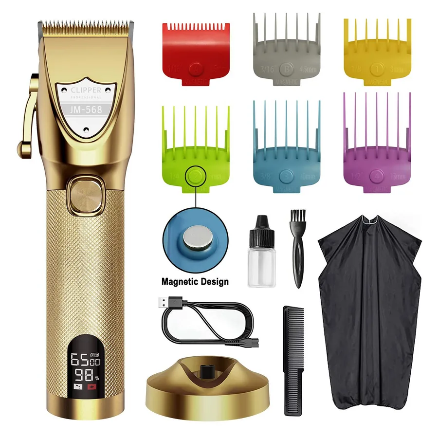JM-568 professional OEM hair clipper with magnetic guide combs and charging stand