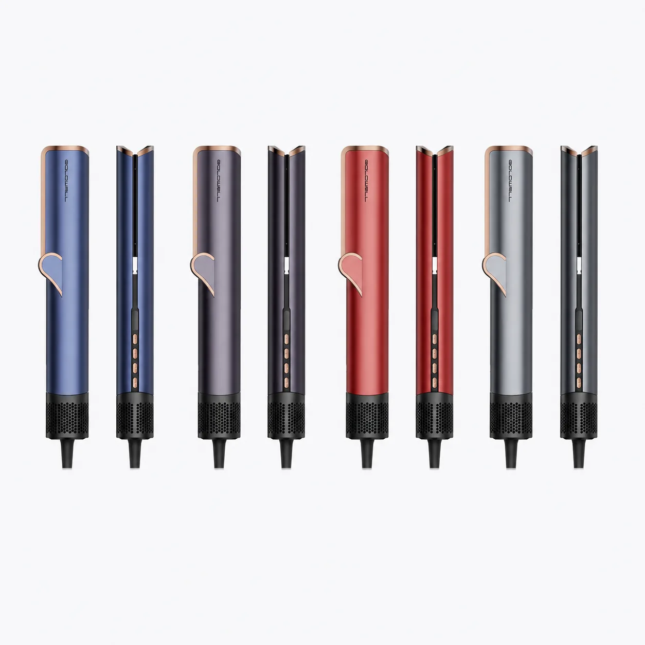 Slim corded styling-device samples in four colors, site reference O02