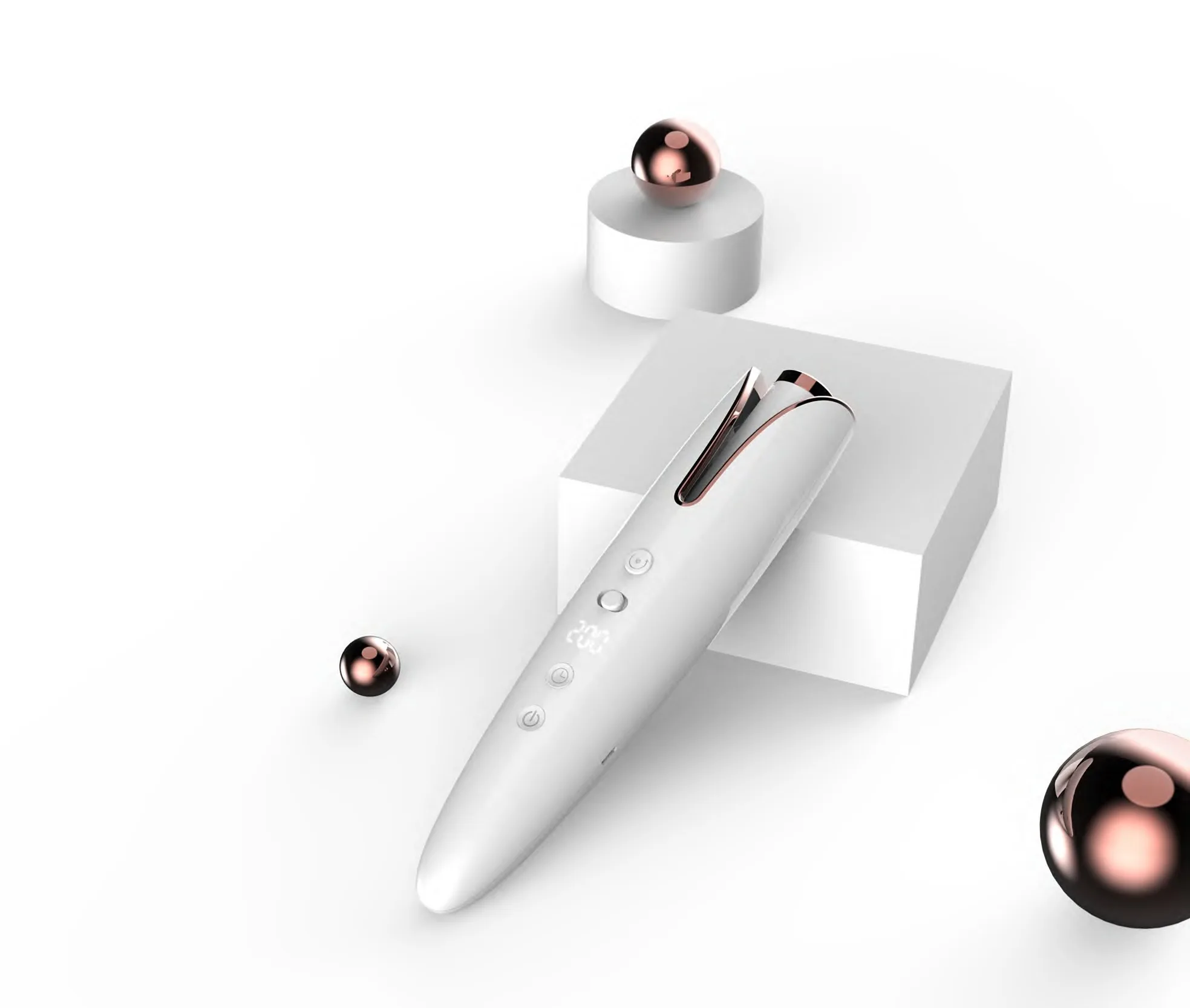 White and rose-gold handheld beauty-device sample, site reference O03