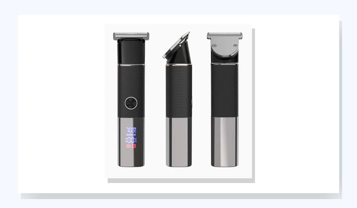 Metal-finish handheld trimmer sample shown from three angles, site reference P02