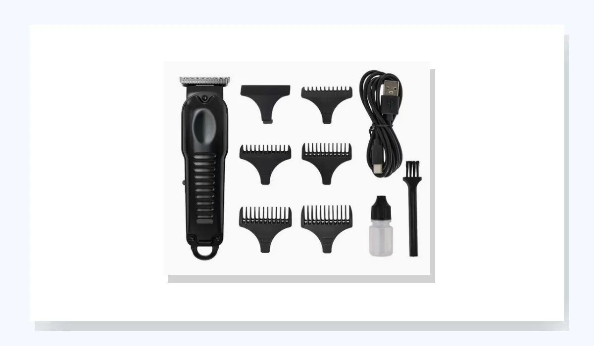 Black clipper kit sample with guide combs and accessories, site reference P03