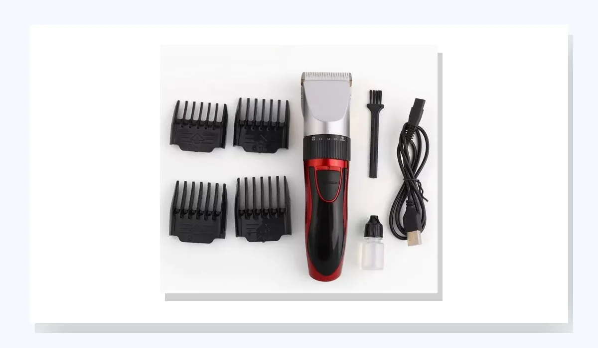Red-and-black clipper kit sample with guide combs and accessories, site reference P04
