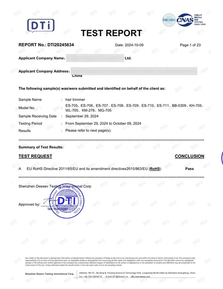Sample RoHS laboratory test report for selected hair trimmer models