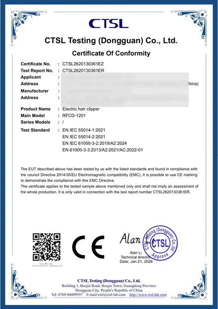 Sample EMC certificate of conformity for electric hair clipper model RFCD-1201